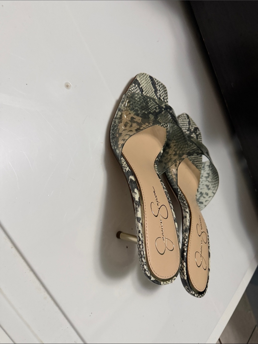 Jessica Simpson Olive Snake-Print Open-Toe Slingback Heels - Picture 3 of 7